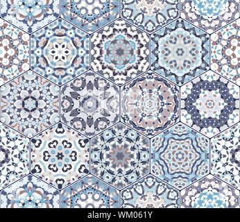 Seamless hexagonal mosaic tiles in vector set. Oriental and ethnic motifs in design patterns. Stock Vector