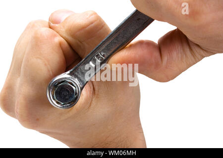 screw with a wrench in hands isolated on white background Stock Photo