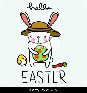 Hello Easter white rabbit holding Easter egg and baby chick friend cartoon vector illustration doodle style Stock Vector