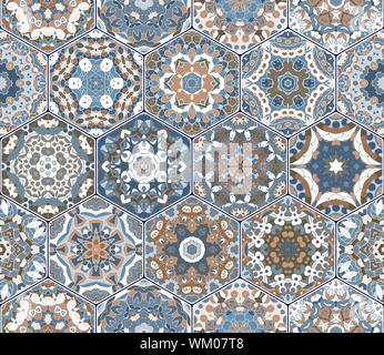 Seamless hexagonal mosaic tiles in vector set. Oriental and ethnic motifs in design patterns. Stock Vector