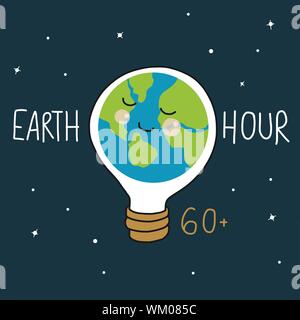 Earth Hour 60+ cute world in lightbulb sleeping cartoon doodle vector illustration Stock Vector