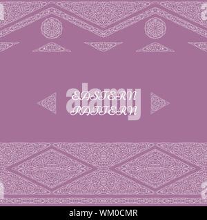 Seamless ethnic white patterns for border. Repeated oriental motif for fabric or paper design on a lilac background. Ornate vignette for Your design c Stock Vector