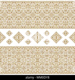 Seamless ethnic patterns for border. Repeated oriental motif for fabric or paper design. Gold pattern on a white background. Ornate vignette for Your Stock Vector