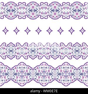 Seamless arabic patterns for border. Repeated oriental motif for fabric or paper design. Violet pattern on a white background. Stock Vector