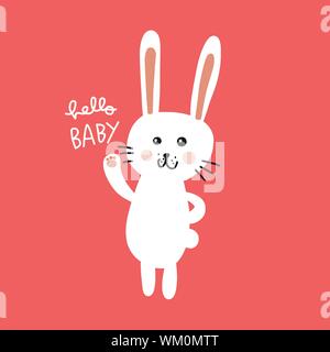 White rabbit hello baby cartoon vector illustration Stock Vector