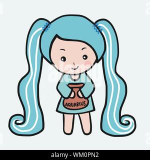 Aquarius girl horoscope cartoon vector illustration doodle style Stock Vector