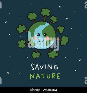 Earth smile around with tree saving nature cartoon vector illustration Stock Vector