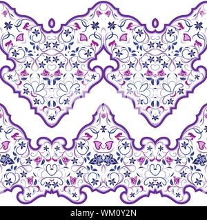 Seamless arabic patterns for border. Repeated oriental motif for fabric or paper design. Violet pattern on a white background. Stock Vector