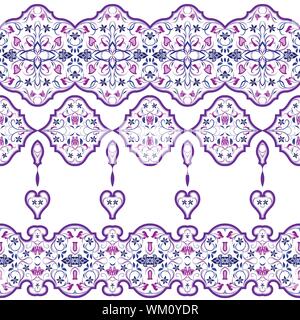 Seamless arabic patterns for border. Repeated oriental motif for fabric or paper design. Violet pattern on a white background. Stock Vector