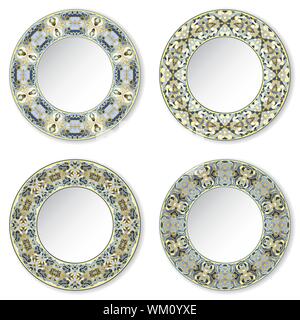Set of four decorative plates with a circular blue pattern, top view. White background. Vector illustration. Stock Vector