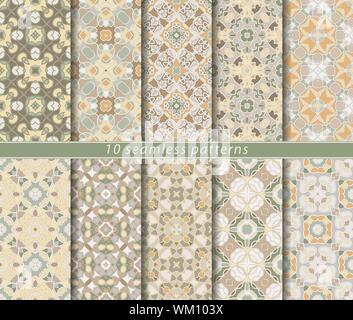 Ten seamless patterns. Symmetrical rectangular ornament in ethnic style. Arabic florid motif. Stock Vector