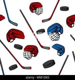 Hockey seamless pattern with sticks, pucks and helmets, vector illustration. Stock Vector