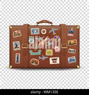 Vector 3d Realistic Retro Leather Brown Threadbare Suitcase, Travel Stickers, Metal Corners and Belts Icon Closeup Isolated on Transparent Background. Stock Vector