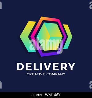 Abstract arrow and box delivery logo geometric hexagonal object logotype template. cube shape icon symbol design for corporate business, apps, data te Stock Vector