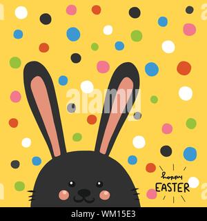 Happy Easter black rabbit on colorful polka dot on yellow background cartoon vector illustration doodle style Stock Vector