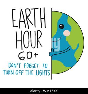 Earth Hour 60 cute world hiding behind the wall cartoon doodle vector illustration Stock Vector