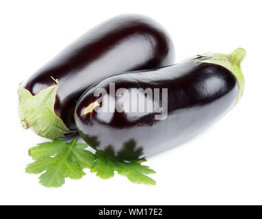 Ripe Raw Eggplants with Leafs isolated on white background Stock Photo