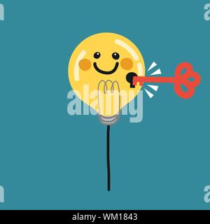 Light bulb smile face balloon and key hold vector illustration, business concept Stock Vector