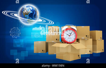 Earth with graphs. Alarm clock on cardboard boxes. Element of this image furnished by NASA Stock Photo