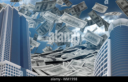 Buildings and Earth. Dollars falling from the sky. Element of this image furnished by NASA Stock Photo