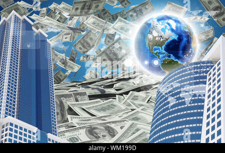 Buildings and Earth. Dollars falling from the sky. Element of this image furnished by NASA Stock Photo