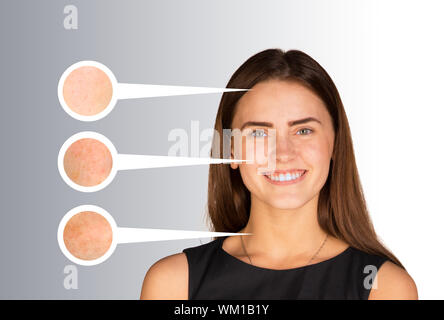 Portrait of beautiful young woman. Callouts with zoom portions of face, neck and forehead Stock Photo