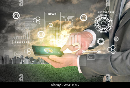 Man hands using smart phone. Earth on phone screen. City as backdrop. Element of this image furnished by NASA Stock Photo