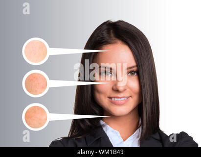 Portrait of beautiful young woman. Callouts with zoom portions of face, neck and forehead Stock Photo