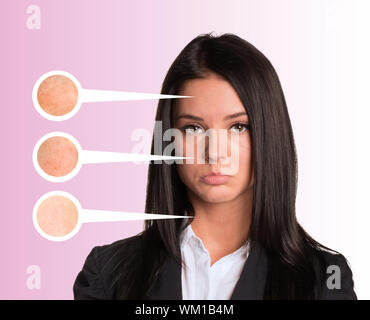 Portrait of upset young woman. Callouts with zoom portions of face, neck and forehead Stock Photo