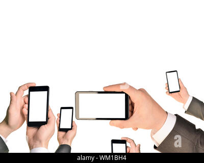 Mans hands using smart phones. Isolated on white background Stock Photo