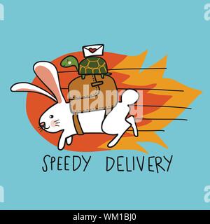 Speedy Delivery rabbit and turtle postman fast running cartoon vector illustration Stock Vector