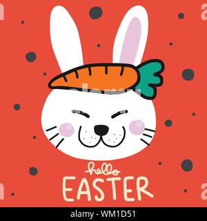 Hello Easter white rabbit with carrot on head cartoon vector illustration doodle style Stock Vector