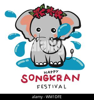 Elephant play water Happy Songkran Festival cartoon vector illustration Stock Vector