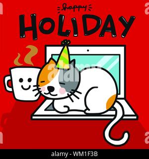 Happy Holiday with your cat word and cartoon vector illustration Stock Vector