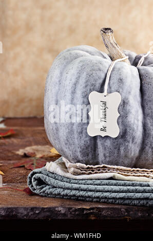 Thanksgiving holiday, green pumpkin still life decoration with with Be Thankful greeting card. Extreme shallow depth of field. Stock Photo