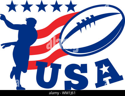 illustration of an American rugby player passing ball with red ribbon stripes and stars with words USA Stock Photo