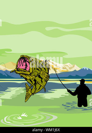 illustration of a Largemouth Bass Fish jumping being reeled by Fly  Fisherman on bass boat with Fishing rod done in retro styl Stock Photo -  Alamy