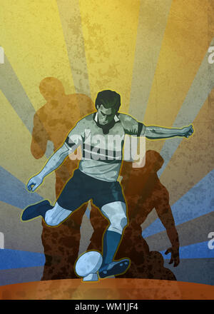 poster illustration of a rugby player kicking the ball with sunburst in background with grunge texture Stock Photo