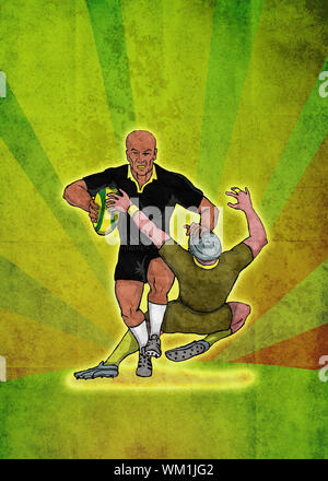 poster illustration of a rugby player running attacking with ball with grunge texture background Stock Photo