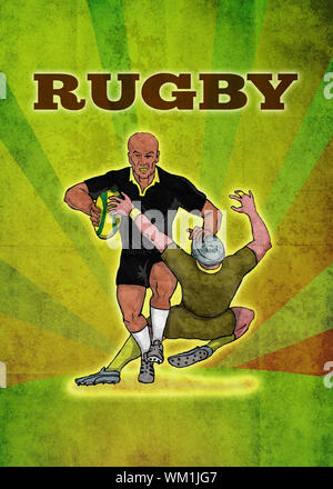 poster illustration of a rugby player running attacking with ball with grunge texture background with words 'rugby' Stock Photo