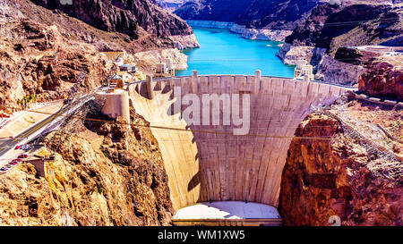Frontal view of the Hoover Dam, a concrete arch dam in the Black Canyon of the Colorado River, on the border between Nevada and Arizona in the USA Stock Photo