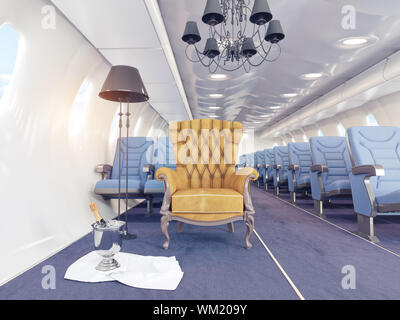 luxury armchair in airplane cabin. 3d creativity concept Stock Photo