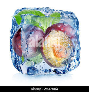 Plums in ice cube isolated on white Stock Photo