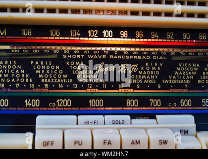 Vintage short wave radio dial with push buttons and country's and citys Stock Photo