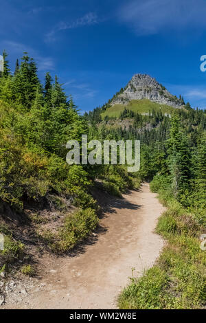 Hiking along the combined Naches Peak Loop Trail and Pacific Crest Trail in Mount Rainier National Park, Washington State, USA Stock Photo