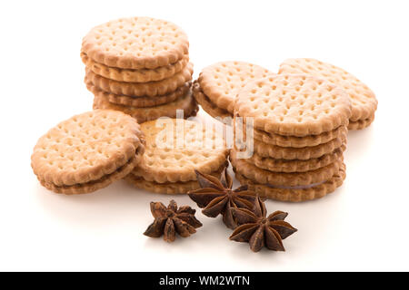 Sandwich biscuits with vanilla filling on a white background Stock Photo