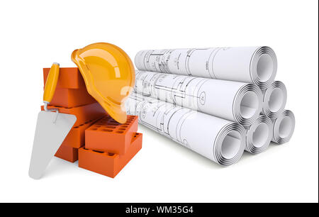 Scrolls of architectural drawings and work tools with helmet. Industrial concept Stock Photo