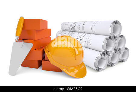 Scrolls of architectural drawings and work tools with helmet. Industrial concept Stock Photo
