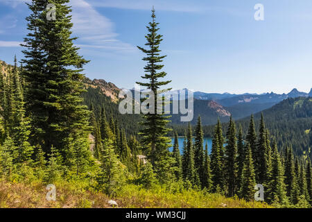 Dewey Lakes viewed from along the combined Pacific Crest Trail and Naches Peak Loop Trail in the William O, Douglas Wilderness of Wenatchee National F Stock Photo