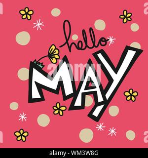Hello May word and pink small flower vector illustration Stock Vector